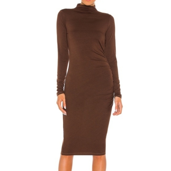 Popular 21 Mock Neck Long Sleeve Ruched Midi Brown Tshirt Dress NWT - Picture 3 of 9